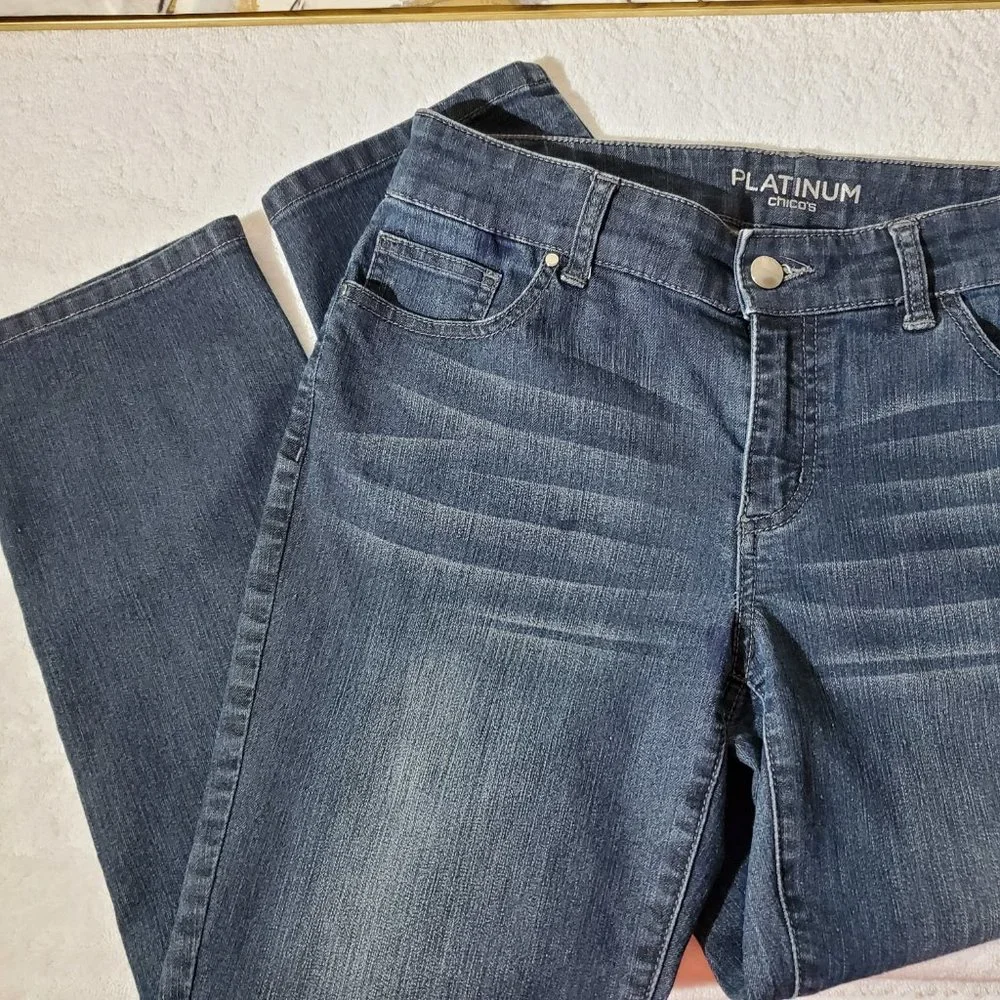 CHICO'S Platinum Washed Denim Faded Distressed Crop Jeans, Size 0 - Picture 3 of 9